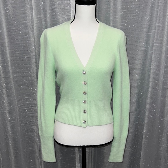 Zara Light Green Rhinestone Jewel Button Down Cardigan Sweater - Picture 8 of 10